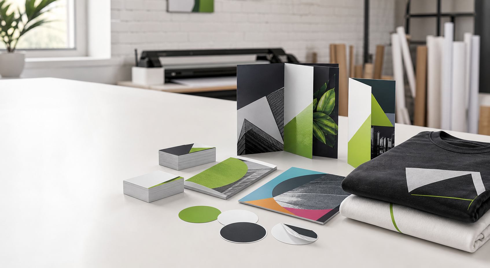 Printed business cards, brochures, stickers, booklets, and apparel on a print shop table